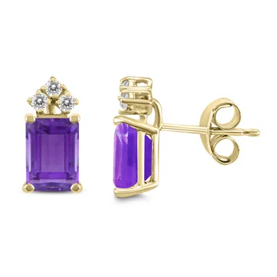 Sselects 14k 6x4mm Emerald Shaped Amethyst And Three Stone Diamond Earrings In Purple