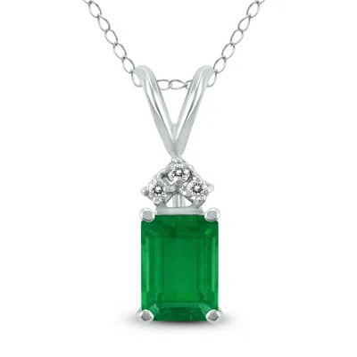 Sselects 14k 6x4mm Emerald Shaped Emerald And Three Stone Diamond Pendant In Green