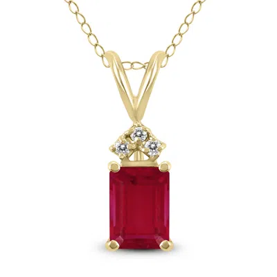 Sselects 14k 6x4mm Emerald Shaped Ruby And Three Stone Diamond Pendant In Red