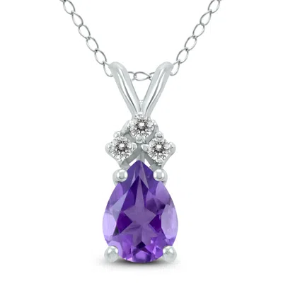 Sselects 14k 6x4mm Pear Amethyst And Three Stone Diamond Pendant In Purple