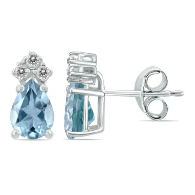 Sselects 14k 6x4mm Pear Aquamarine And Three Stone Diamond Earrings In Blue