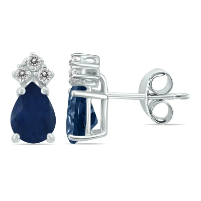 Sselects 14k 6x4mm Pear Sapphire And Three Stone Diamond Earrings In Blue