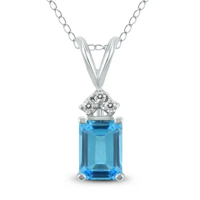 Sselects 14k 7x5mm Emerald Shaped Topaz And Three Stone Diamond Pendant In Blue
