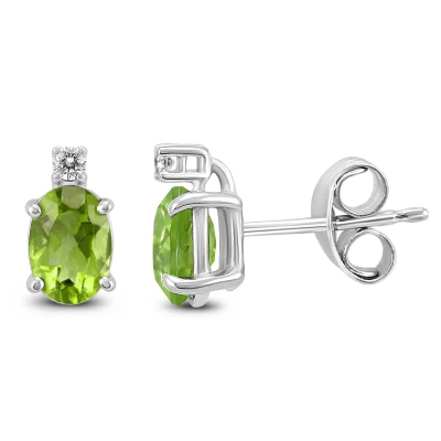 Sselects 14k 7x5mm Oval Peridot And Diamond Earrings In Green