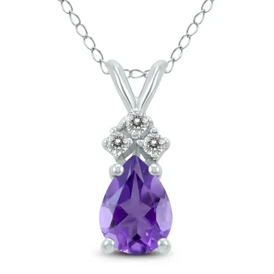 Sselects 14k 7x5mm Pear Amethyst And Three Stone Diamond Pendant In Purple