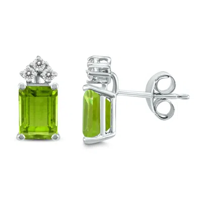 Sselects 14k 8x6mm Emerald Shaped Peridot And Three Stone Diamond Earrings In Green