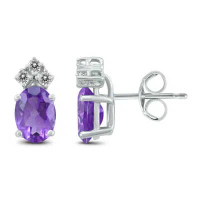 Sselects 14k 8x6mm Oval Amethyst And Three Stone Diamond Earrings In Purple