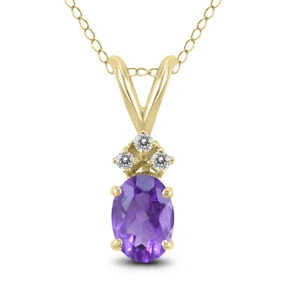 Sselects 14k 8x6mm Oval Amethyst And Three Stone Diamond Pendant In Purple
