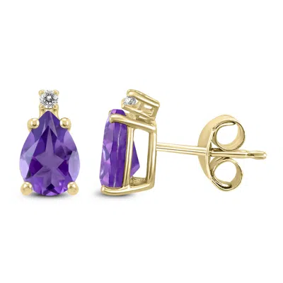 Sselects 14k 8x6mm Pear Amethyst And Diamond Earrings In Purple