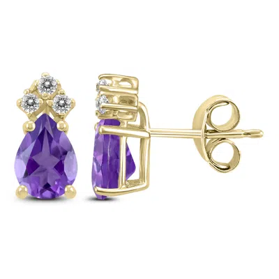 Sselects 14k 8x6mm Pear Amethyst And Three Stone Diamond Earrings In Purple