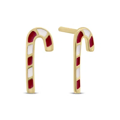 Sselects 14k Solid Yellow Gold Candy Cane Stud Earrings In Red