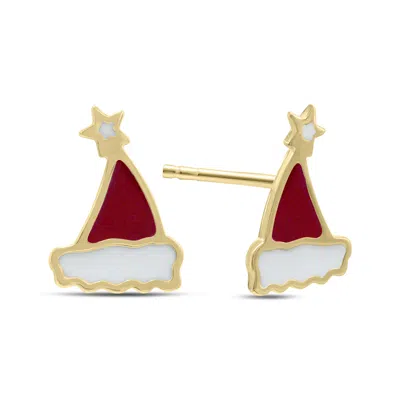 Sselects 14k Solid Yellow Gold Santa Hat Stud Earrings In Red