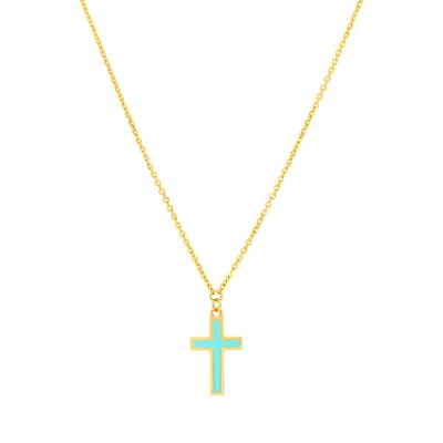 Sselects 14k Solid Yellow Gold Turquoise Cross Adjustable Necklace