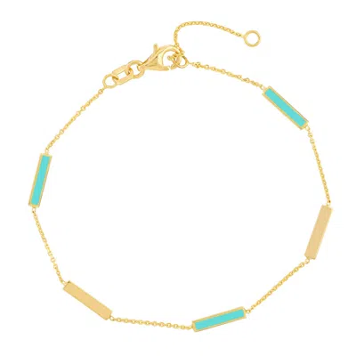 Sselects 14k Solid Yellow Gold Turquoise Enamel Alternating Bar Station Bracelet In Blue