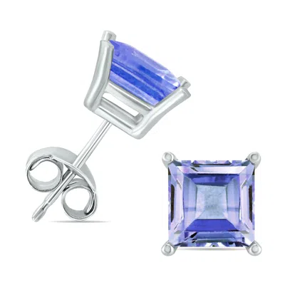 Sselects 14k White Gold 4mm Square Tanzanite Gemstone Earrings In Blue