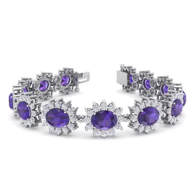 Sselects 18 Carat Oval Shape Amethyst And Halo Diamond Bracelet In 14 Karat White Gold In Purple