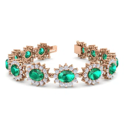Sselects 19 Carat Oval Shape Emerald And Halo Diamond Bracelet In 14 Karat Rose Gold In Green