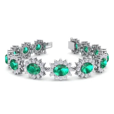 Sselects 19 Carat Oval Shape Emerald And Halo Diamond Bracelet In 14 Karat White Gold In Green