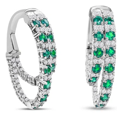 Sselects 2 1/2 Carat Emerald And Diamond Hoop Earrings In 14 Karat White I-j, I1-i2 In Green