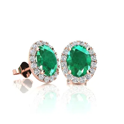 Sselects 2 1/2 Carat Oval Shape Emerald And Halo Diamond Stud Earrings In 14 Karat In Green