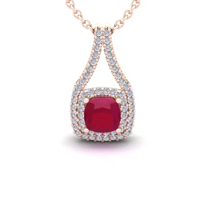 Sselects 2 1/3 Carat Cushion Cut Ruby And Double Halo Diamond Necklace In 14 Karat Rose Gold In Red