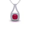 SSELECTS 2 1/3 CARAT CUSHION CUT RUBY AND DOUBLE HALO DIAMOND NECKLACE IN 14 KARAT WHITE GOLD