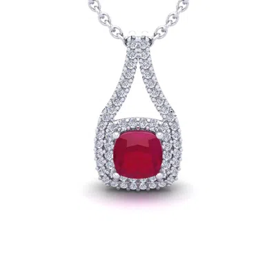 Sselects 2 1/3 Carat Cushion Cut Ruby And Double Halo Diamond Necklace In 14 Karat White Gold In Red