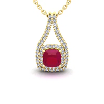 Sselects 2 1/3 Carat Cushion Cut Ruby And Double Halo Diamond Necklace In 14 Karat Yellow Gold In Red