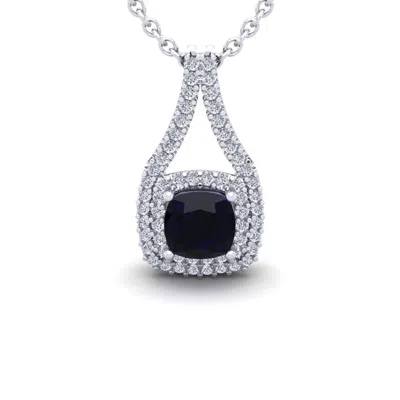 Sselects 2 1/3 Carat Cushion Cut Sapphire And Double Halo Diamond Necklace In 14 Karat White Gold In Black
