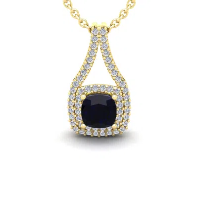 Sselects 2 1/3 Carat Cushion Cut Sapphire And Double Halo Diamond Necklace In 14 Karat Yellow Gold In Black