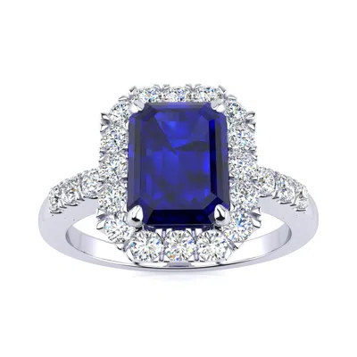 Sselects 2 3/4 Carat Sapphire And Halo Diamond Ring In 14 Karat White Gold In Blue