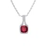SSELECTS 2 CARAT CUSHION CUT RUBY AND CLASSIC HALO DIAMOND NECKLACE IN 14 KARAT WHITE GOLD