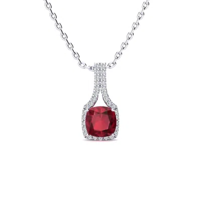 Sselects 2 Carat Cushion Cut Ruby And Classic Halo Diamond Necklace In 14 Karat White Gold In Red