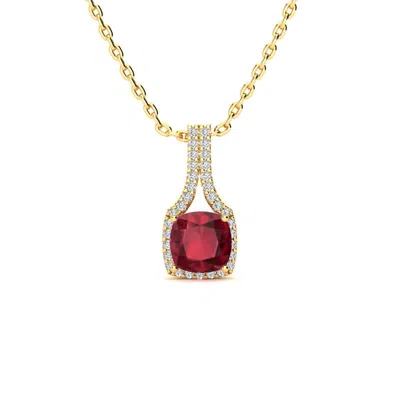Sselects 2 Carat Cushion Cut Ruby And Classic Halo Diamond Necklace In 14 Karat Yellow Gold In Red