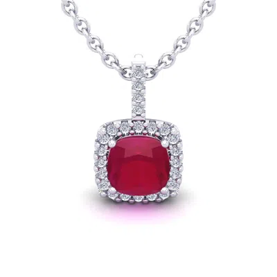 Sselects 2 Carat Cushion Cut Ruby And Halo Diamond Necklace In 14 Karat White Gold In Red