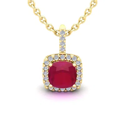 Sselects 2 Carat Cushion Cut Ruby And Halo Diamond Necklace In 14 Karat Yellow Gold In Red