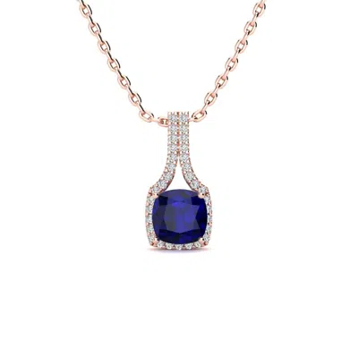 Sselects 2 Carat Cushion Cut Sapphire And Classic Halo Diamond Necklace In 14 Karat Rose Gold In Blue