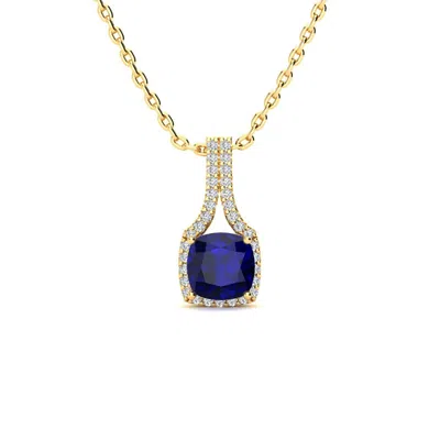 Sselects 2 Carat Cushion Cut Sapphire And Classic Halo Diamond Necklace In 14 Karat Yellow Gold In Blue