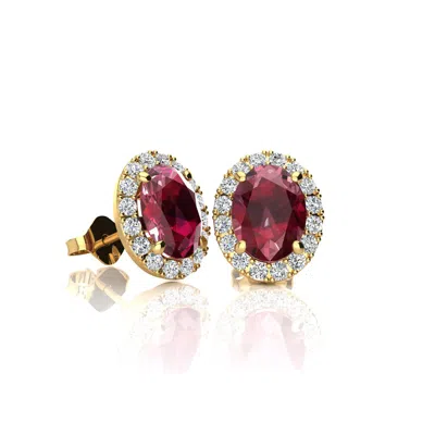 Sselects 2 Carat Oval Shape Ruby And Halo Diamond Stud Earrings In 14 Karat Yellow Gold In Red