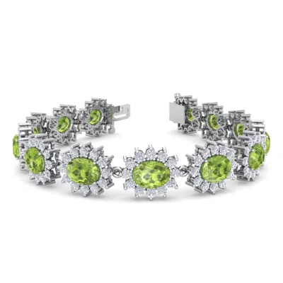 Sselects 22 Carat Oval Shape Peridot And Halo Diamond Bracelet In 14 Karat White Gold In Green