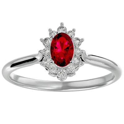 Sselects 2/3 Carat Oval Shape Ruby And Halo Diamond Ring In 14 Karat White Gold In Red