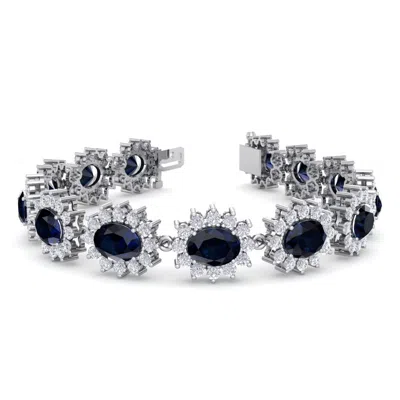 Sselects 25 Carat Oval Shape Sapphire And Halo Diamond Bracelet In 14 Karat White Gold In Blue