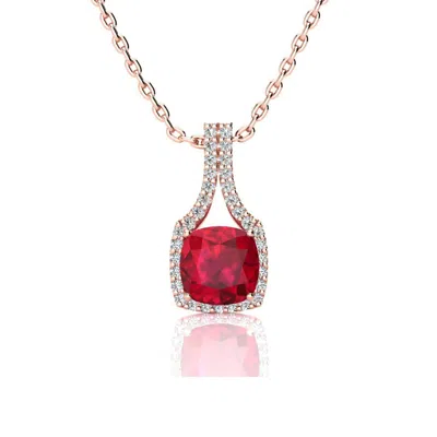 Sselects 3 1/2 Carat Cushion Cut Ruby And Classic Halo Diamond Necklace In 14 Karat Rose Gold In Red