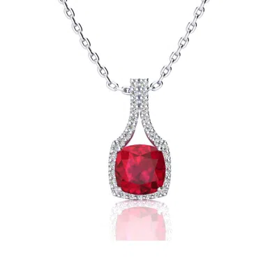 Sselects 3 1/2 Carat Cushion Cut Ruby And Classic Halo Diamond Necklace In 14 Karat White Gold In Red
