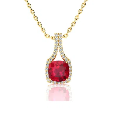 Sselects 3 1/2 Carat Cushion Cut Ruby And Classic Halo Diamond Necklace In 14 Karat Yellow Gold In Pink