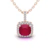 SSELECTS 3 1/2 CARAT CUSHION CUT RUBY AND HALO DIAMOND NECKLACE IN 14 KARAT ROSE GOLD