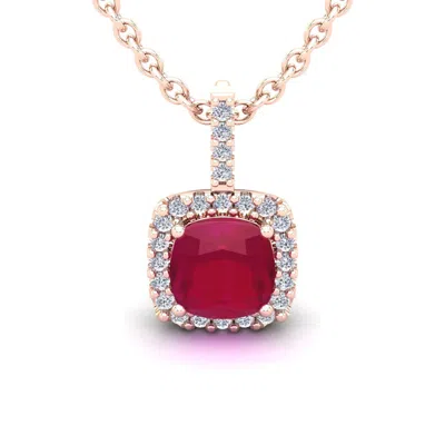 Sselects 3 1/2 Carat Cushion Cut Ruby And Halo Diamond Necklace In 14 Karat Rose Gold In Red