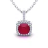 SSELECTS 3 1/2 CARAT CUSHION CUT RUBY AND HALO DIAMOND NECKLACE IN 14 KARAT WHITE GOLD