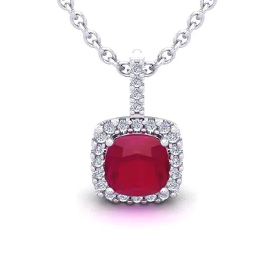 Sselects 3 1/2 Carat Cushion Cut Ruby And Halo Diamond Necklace In 14 Karat White Gold In Red