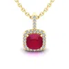 SSELECTS 3 1/2 CARAT CUSHION CUT RUBY AND HALO DIAMOND NECKLACE IN 14 KARAT YELLOW GOLD